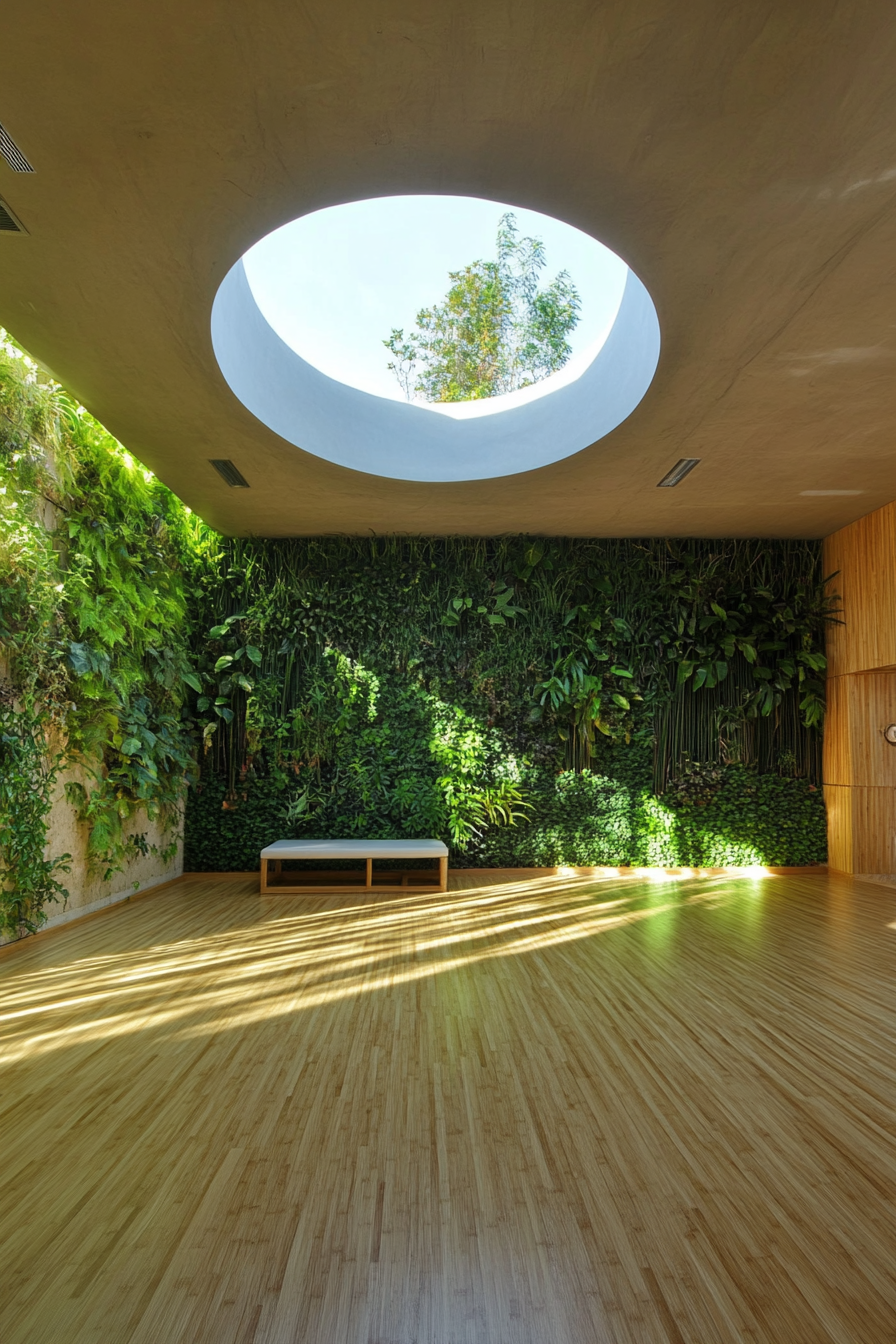 Yoga space. Bamboo floor, round skylight, green living wall under meditation corner.