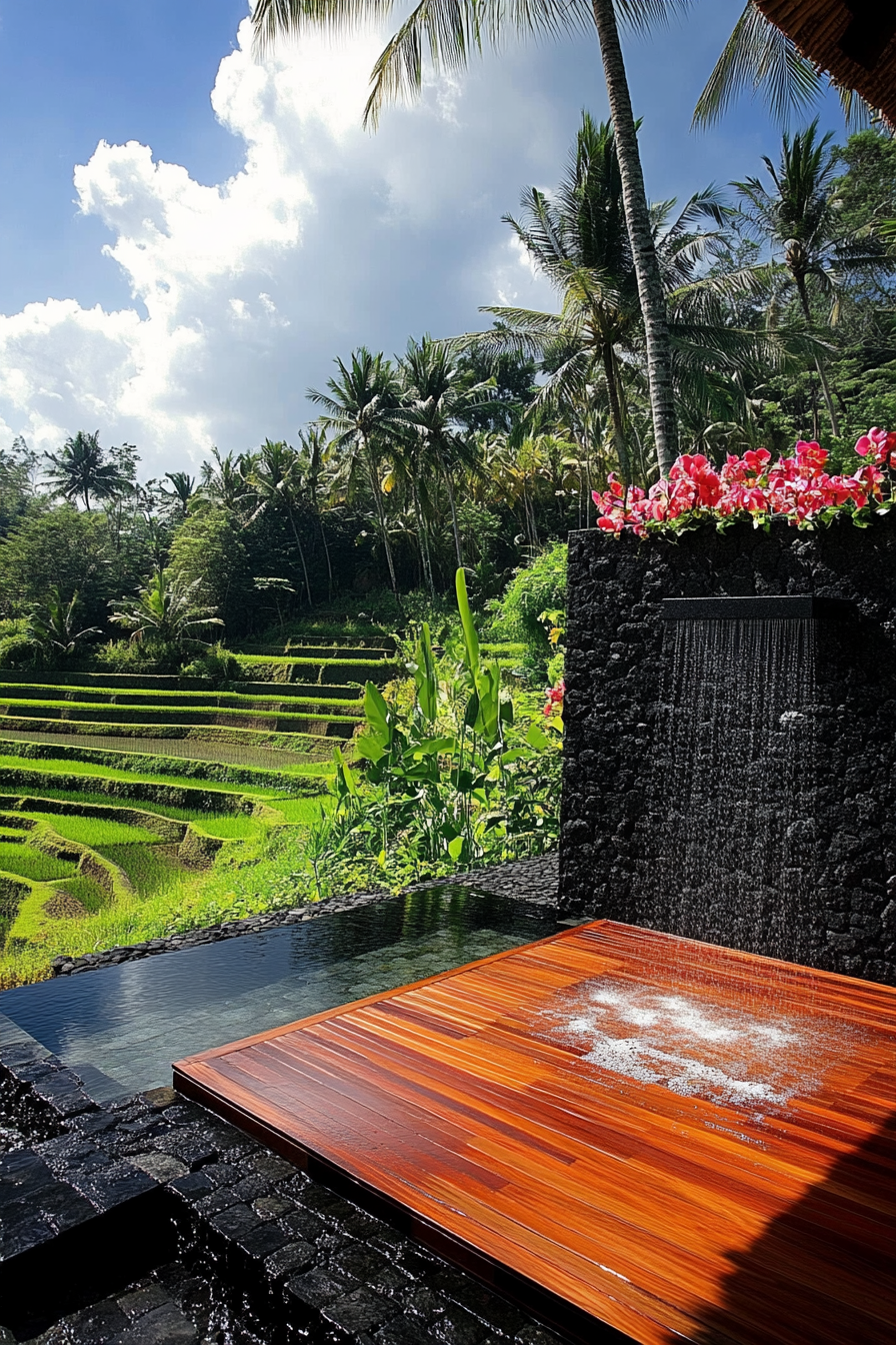 Outdoor shower. Black lava stone walls, teak platform, orchid-covered wall, adjacent rice paddy view.