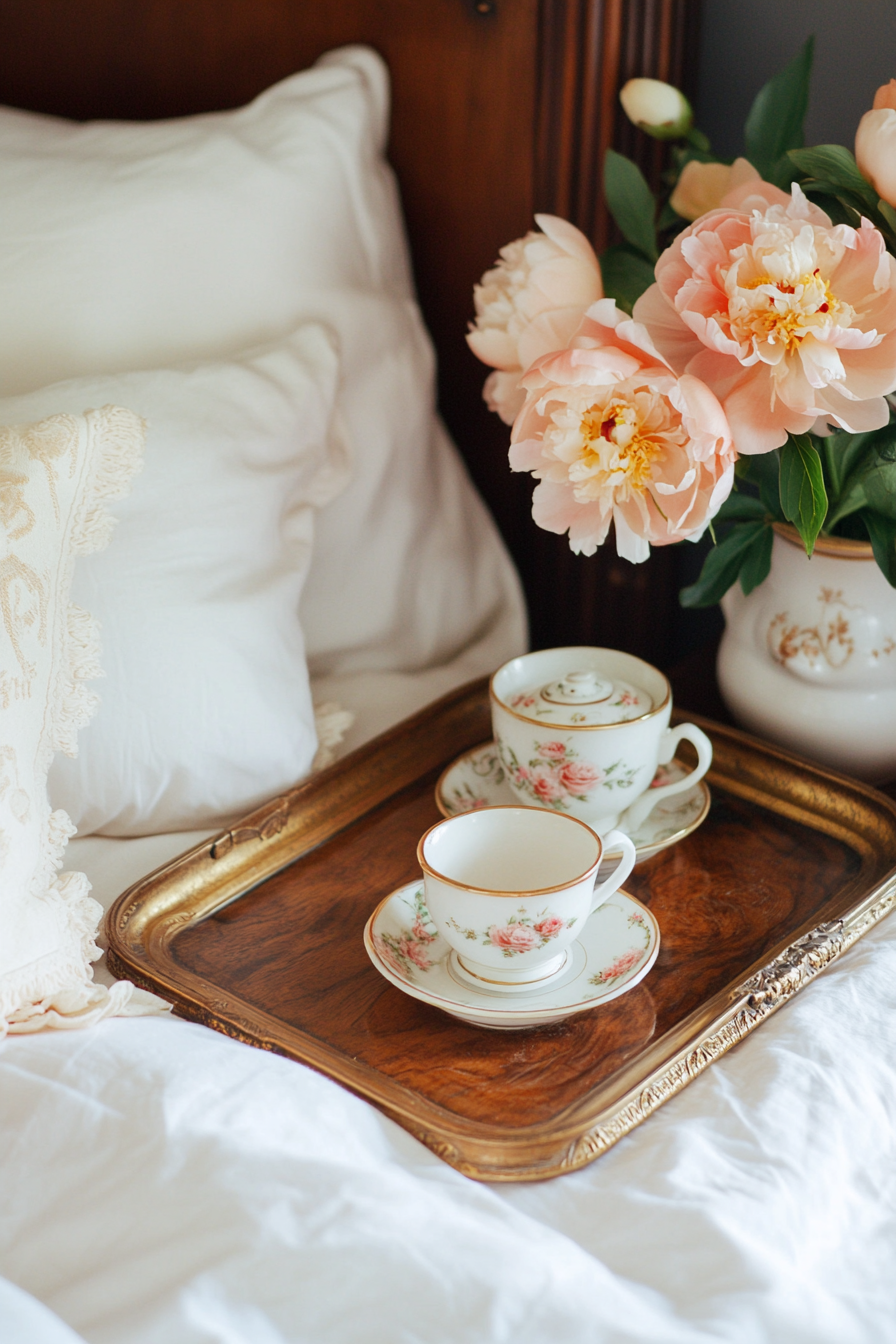 Bedside setup. Mahogany wood, vintage gold serving trays, white porcelain teacups, peach peonies.