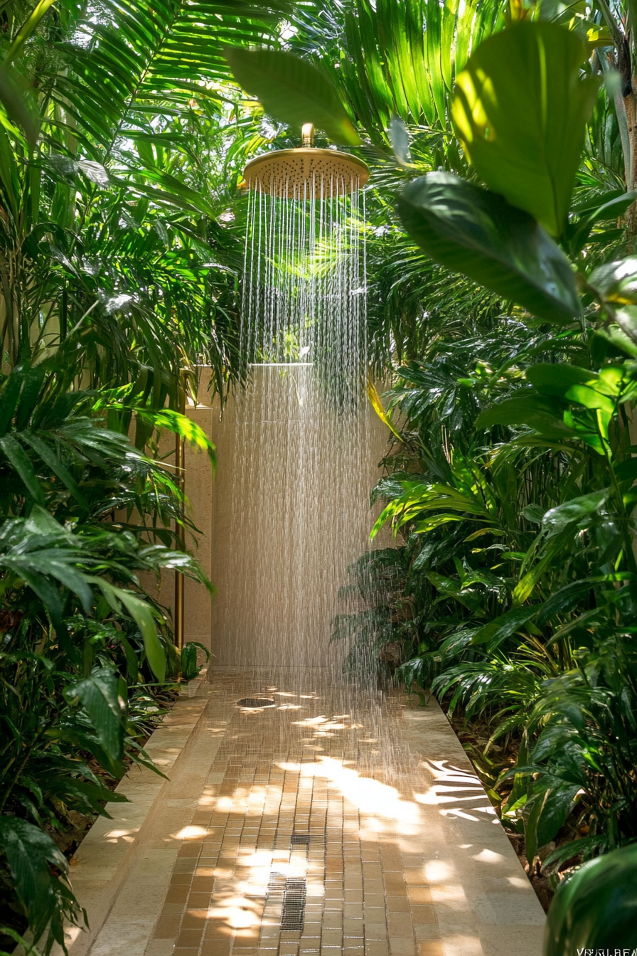 Tropical outdoor shower. Sand-hued ceramic tiles, gold rainfall showerhead, surrounded by dense greenery.