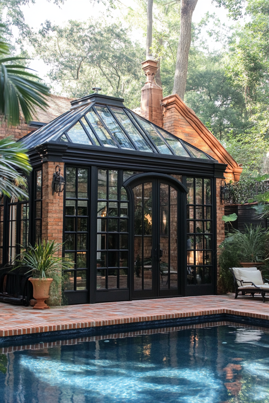 Pool house. Glass-encased cabana with vaulted ceilings and outdoor wrought-iron shower.