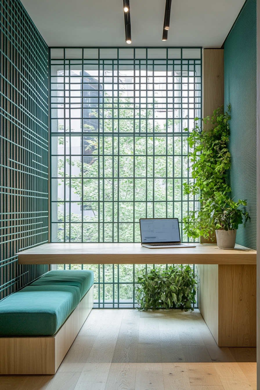 Remote workspace. Oak modular desk, teal convertible nook, moss-green lattice partition beneath gunmetal grid windows.