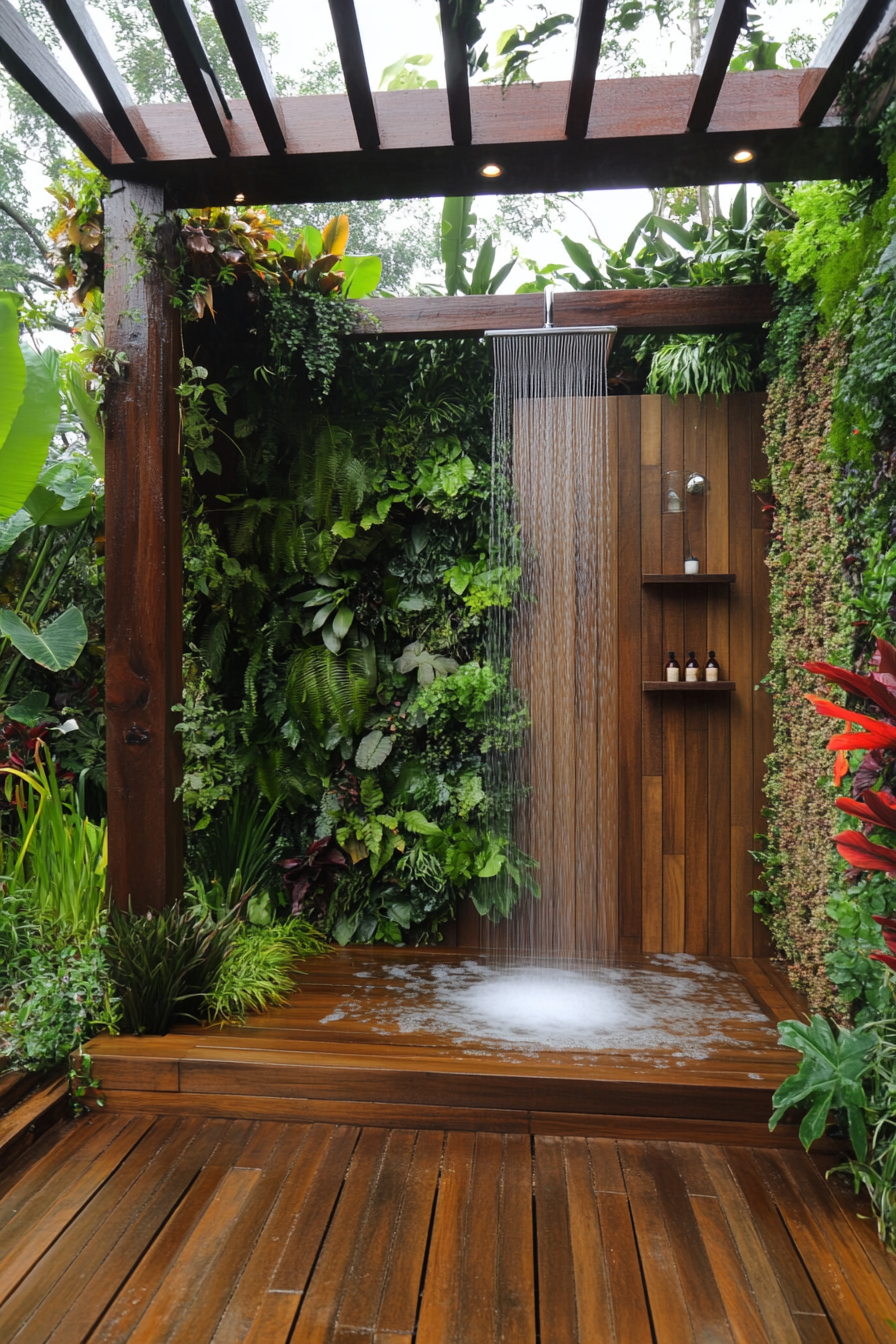 Outdoor bathroom. Teak flooring, rainfall shower head, living wall beneath pergola cover. Luxury elements.