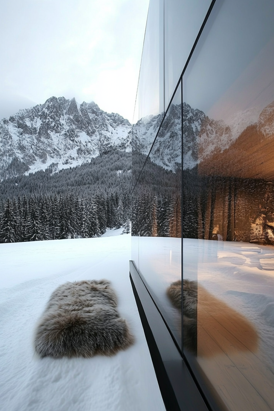 Contemporary Alpine living. Glass cabin with a fur throw overlooking snowy mountains.