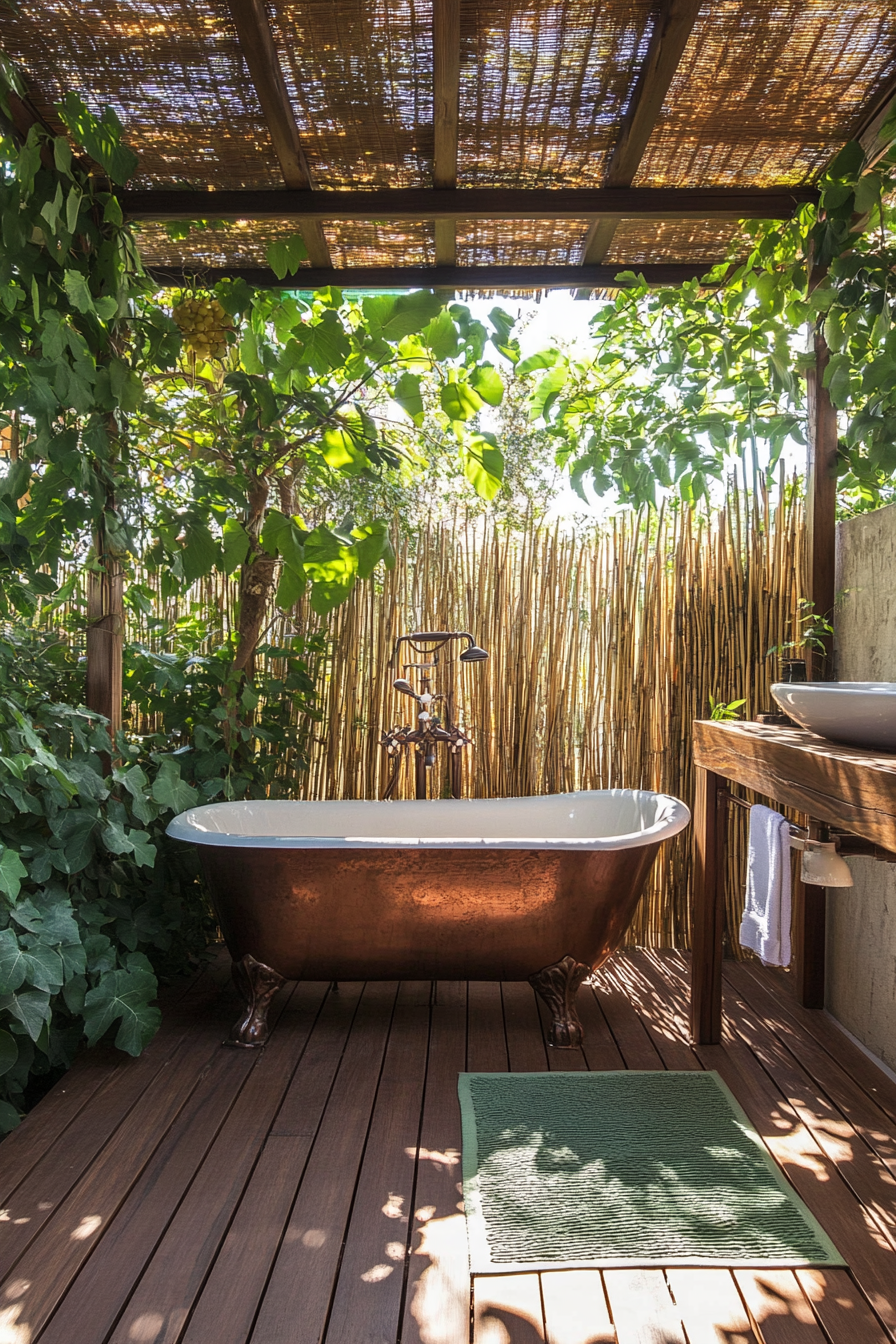 Outdoor bathroom. Teak flooring, copper freestanding tub under green-grape pergola cover, bamboo privacy wall.