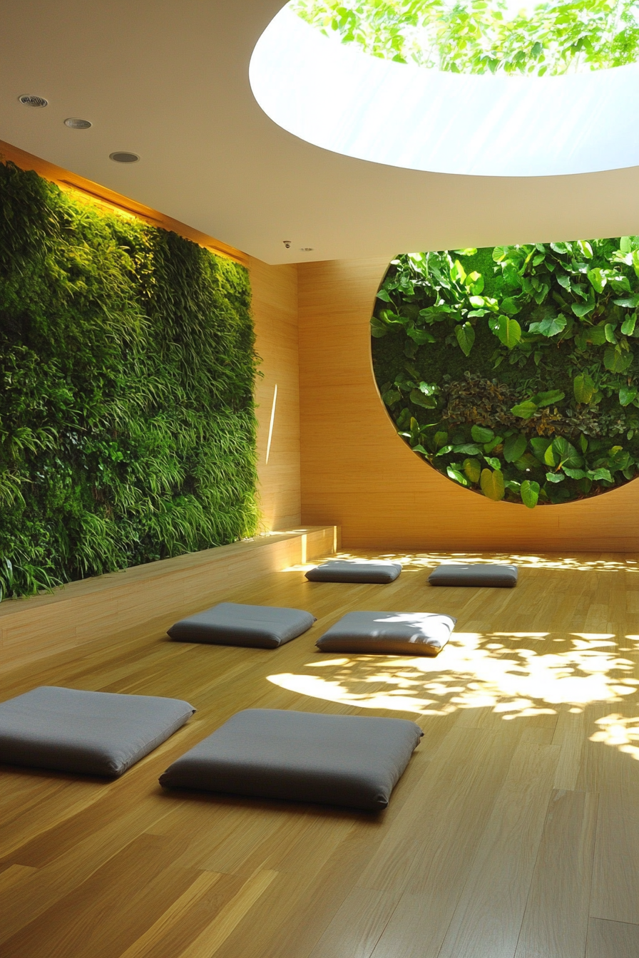 Yoga space. Bamboo flooring, leafy green living wall, round skylight and tranquil meditation corner.