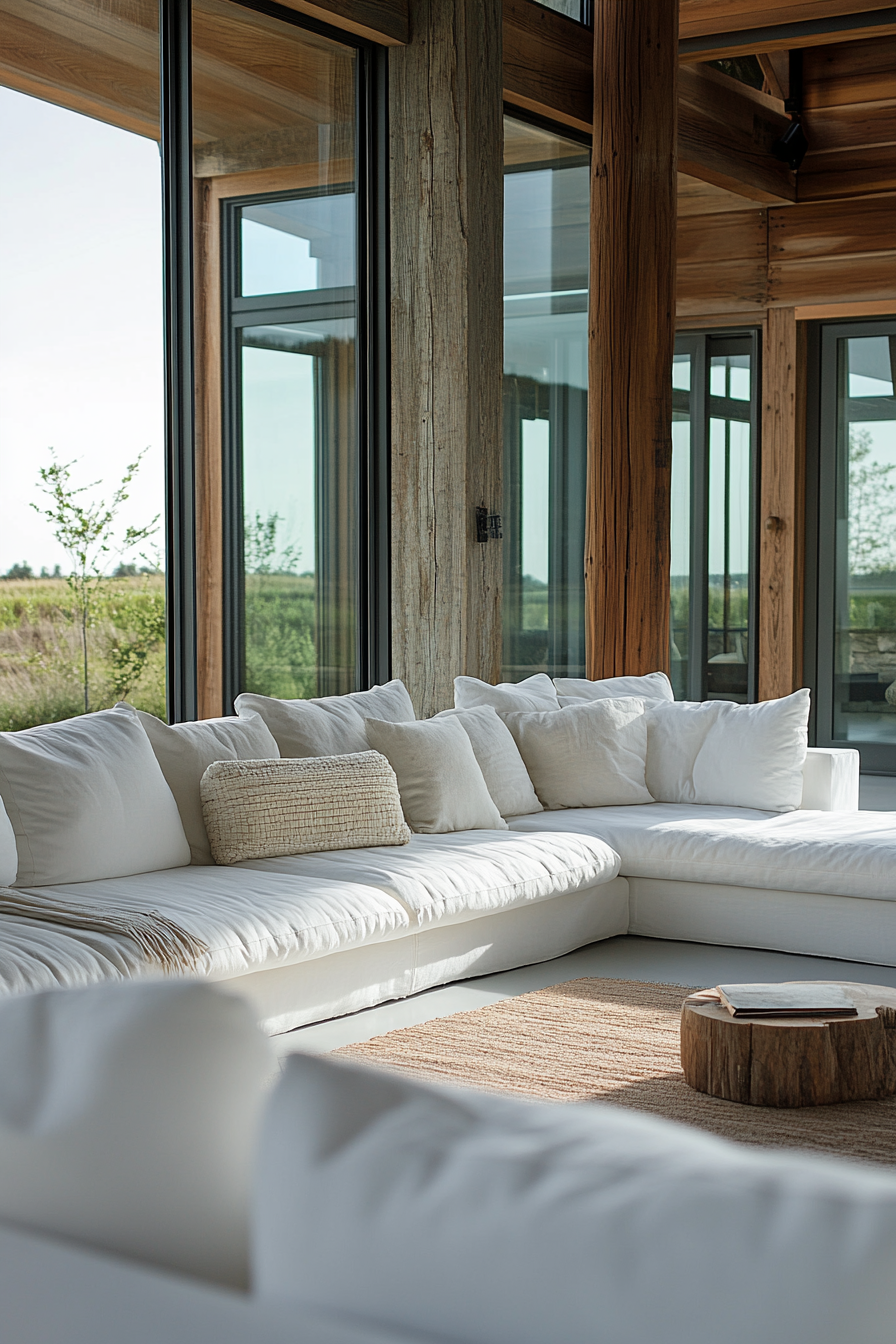 Modern enclosed porch. White modular sofa in front of panoramic glass walls.