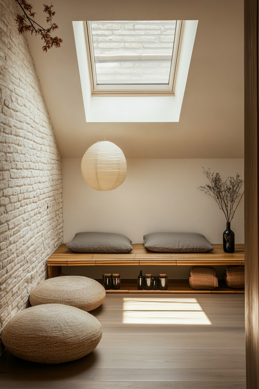 Meditation space. Skylight above bamboo bench with floor cushion storage and essential oil diffuser.