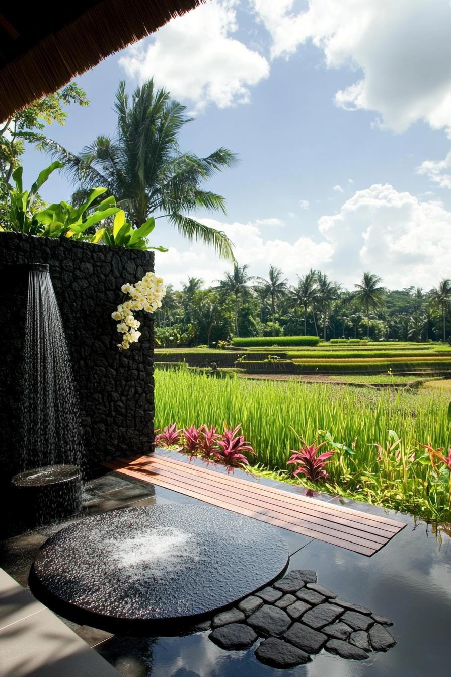 Outdoor shower. Black lava stone, teak platform, live orchid wall, rice paddy view.