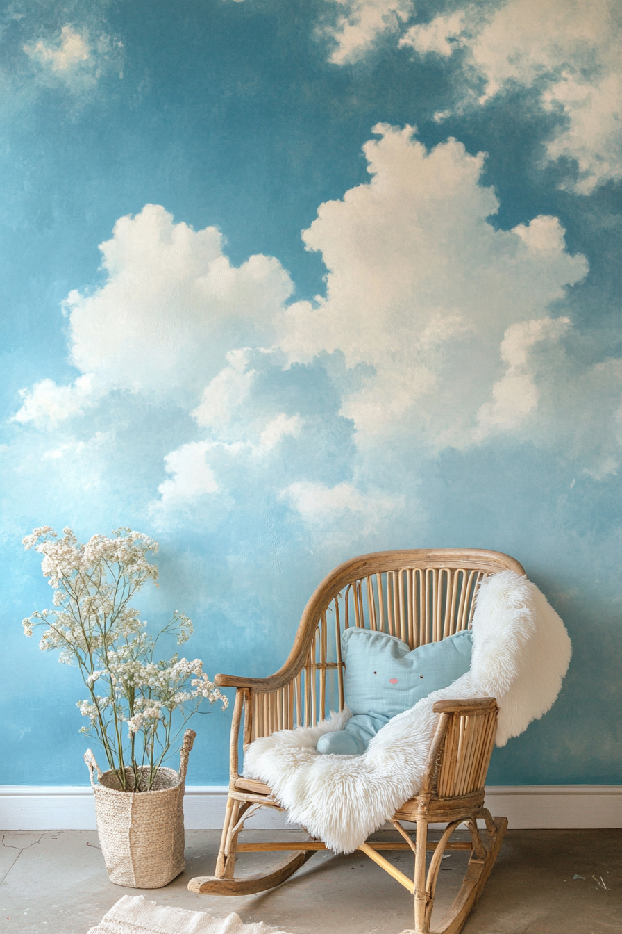 Pastel-colored mural. Blue sky with soft-edged white clouds for a baby room.