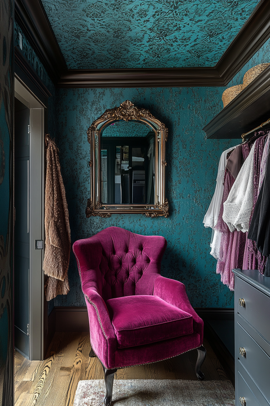 Walk-in closet. Ruby velvet armchair, turquoise jewel-tone wallpaper ceiling, smart mirror.