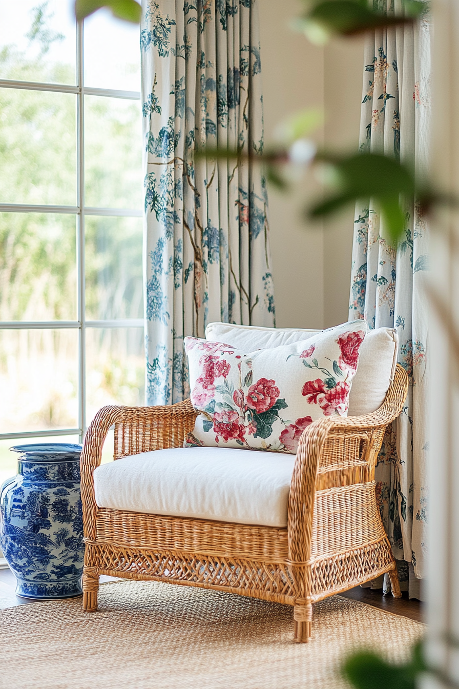 Coastal living space. Vintage floral drapes, blue chinoiserie vase, woven rattan armchair.