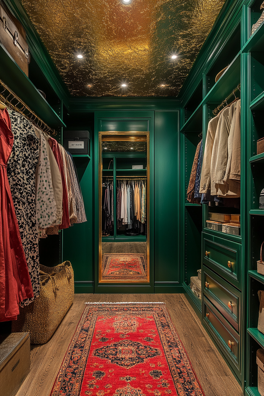 Walk-in closet. Emerald green walls, gold ceiling textured wallpaper, ruby rugs and smart mirror.