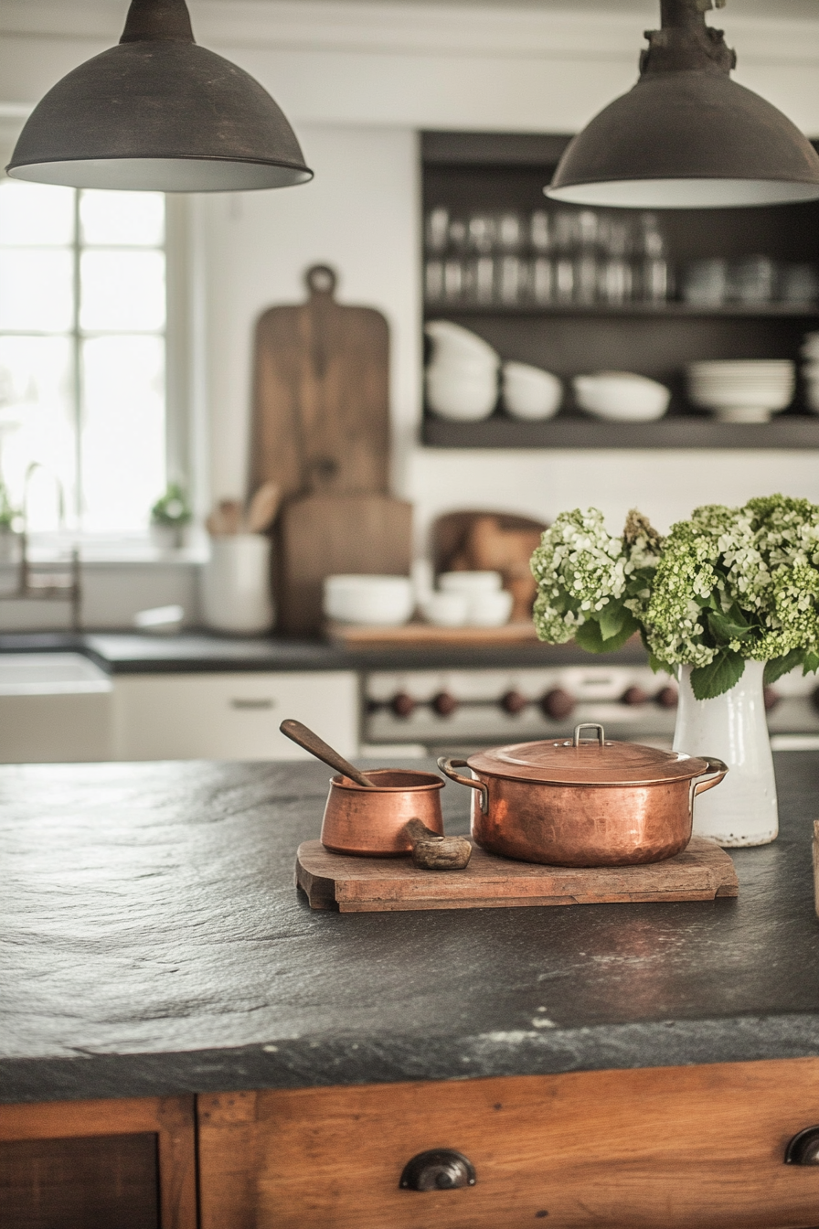 Welcoming kitchen. Soapstone countertops with copper pots array on vintage scales under industrial pendants.