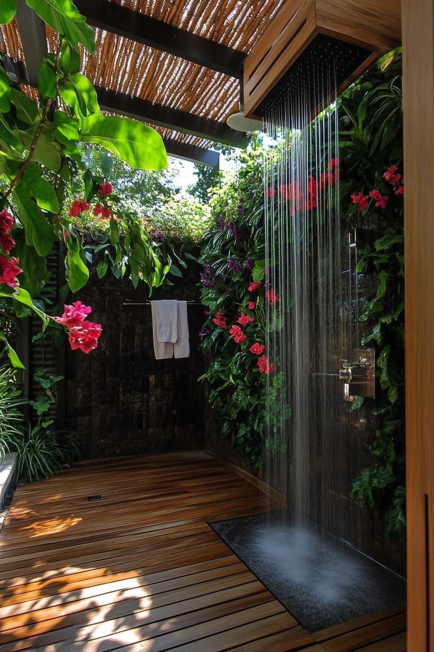 Outdoor bathroom. Teak flooring, rainfall shower head, living privacy wall under pergola cover.