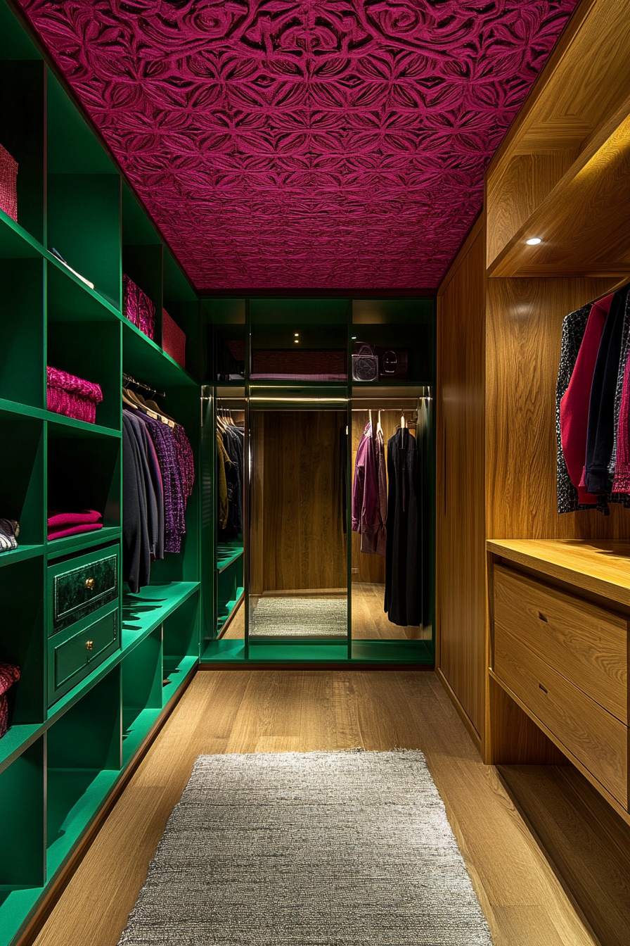 Walk-in closet. Emerald shelves, textured fuchsia ceiling pattern, touchscreen mirror.