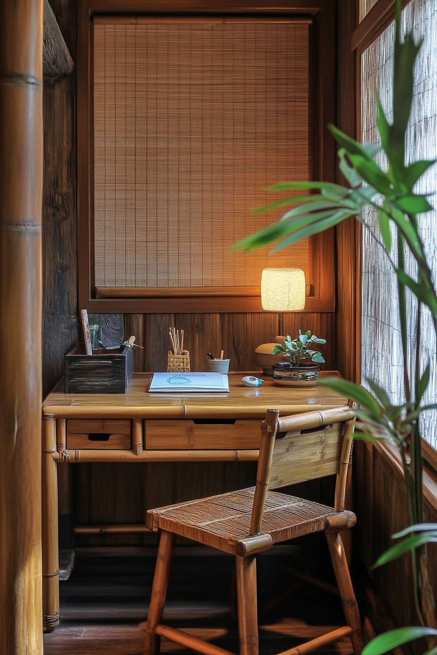 zen study corner featuring bamboo desk.