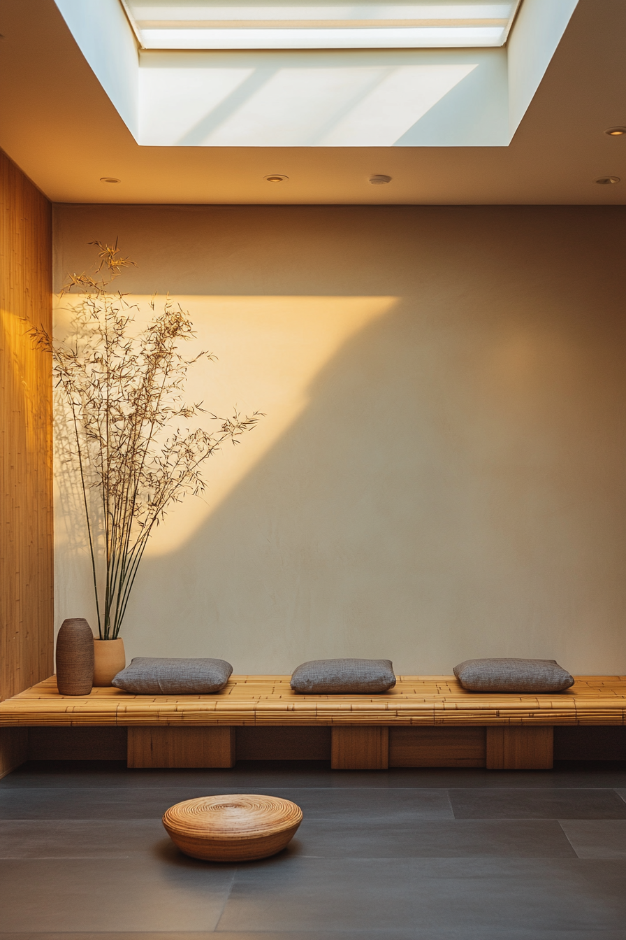 Meditation space. Bamboo bench under skylight with essential oil diffuser and cushion storage.