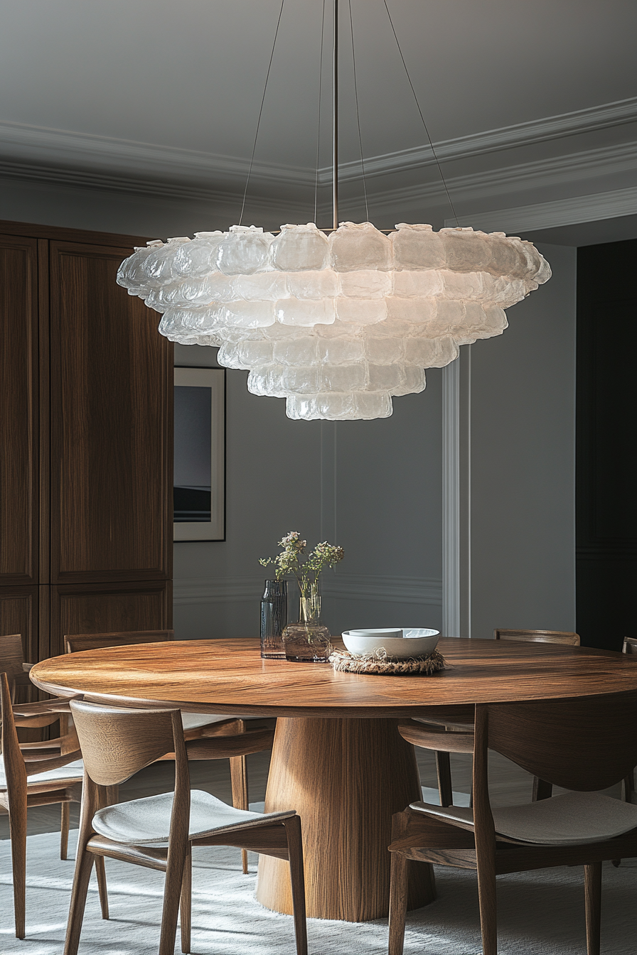 Dining room. Tiered alabaster chandelier above a sun-bleached oak table.