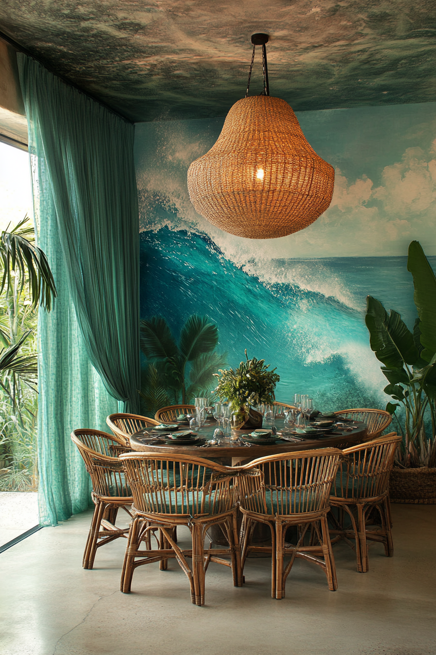 Dining room. Bleached brunette floors, moss green curtains, curved rattan chairs, ocean mural painting.