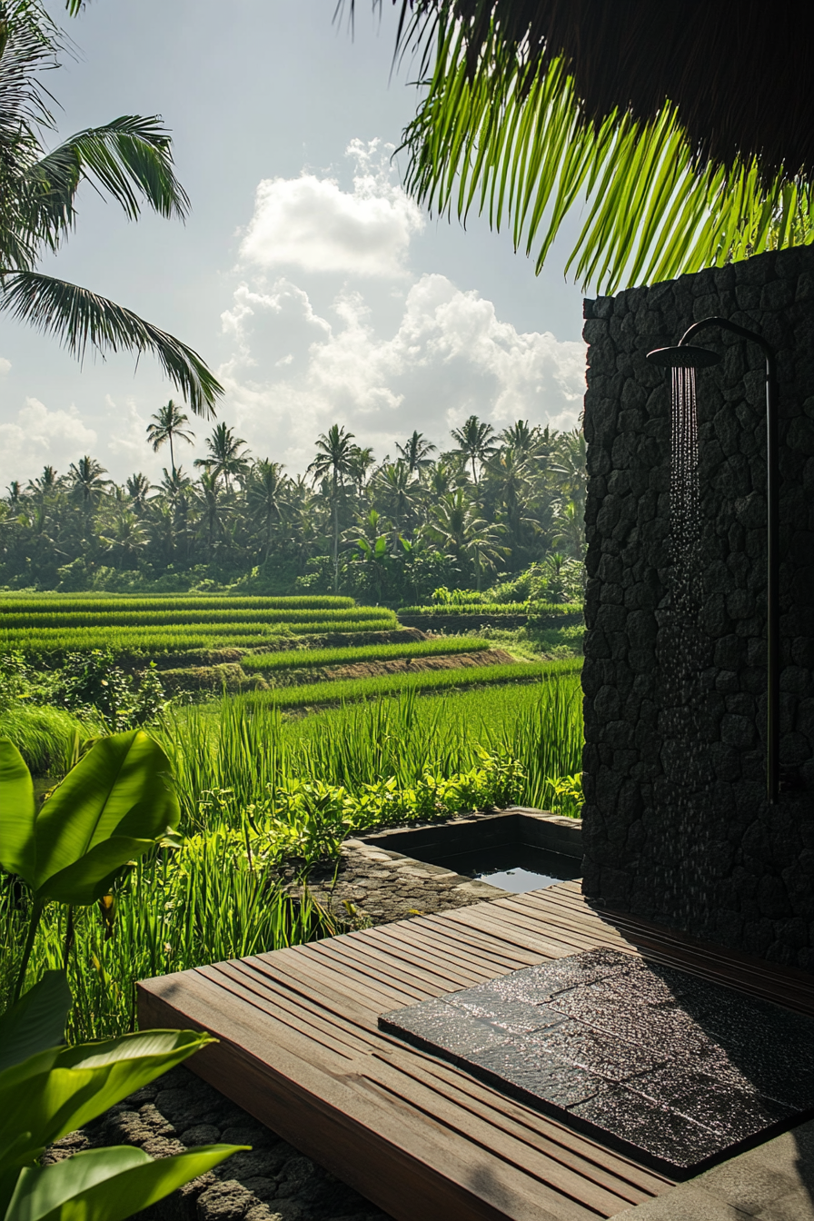 Outdoor shower. Black lava stone walls and teak platform in tropical surrounding, facing rice paddies.