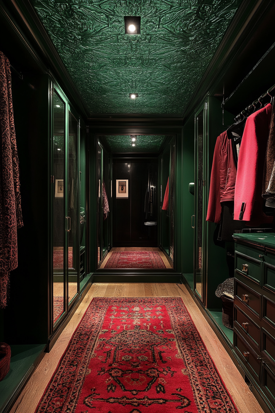 Walk-in closet. Emerald green textured wallpaper ceiling, ruby red plush rug, smart full-length mirror.