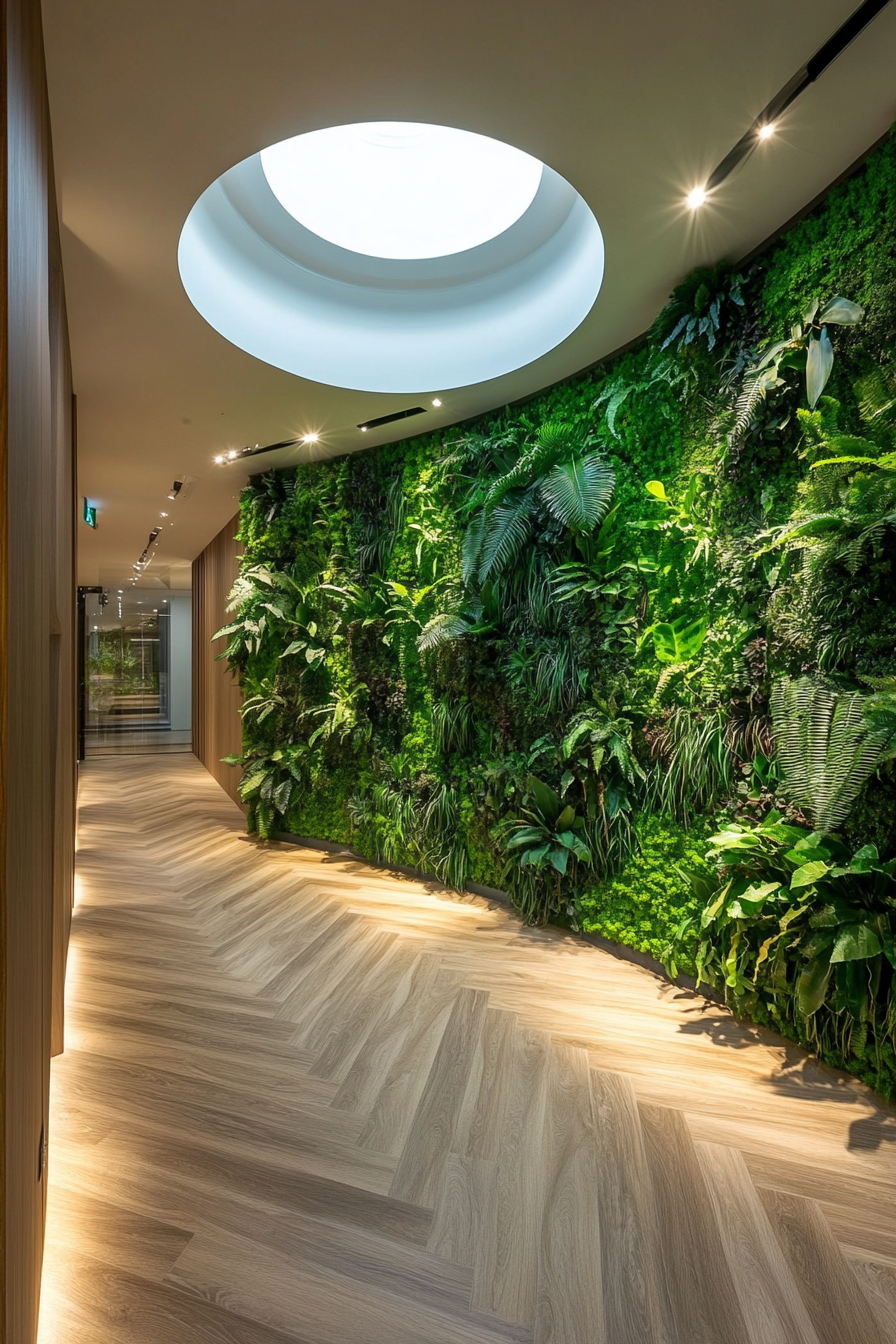 Yoga space. Bamboo flooring, herringbone pattern, circular skylight illuminating fern-filled living wall.