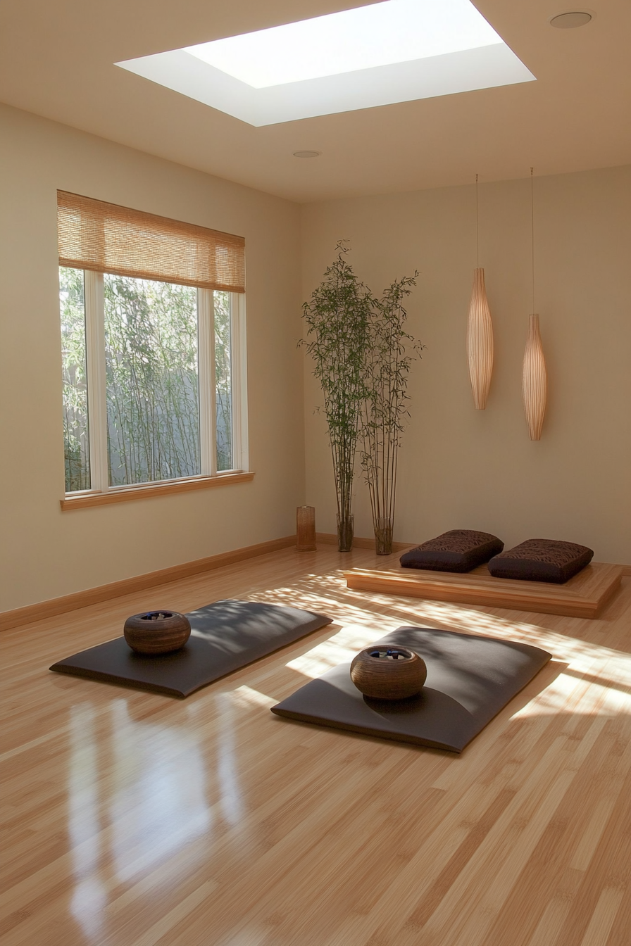 Serene yoga space. The bamboo floor overlooks a cushion-filled meditation corner under a skylight.