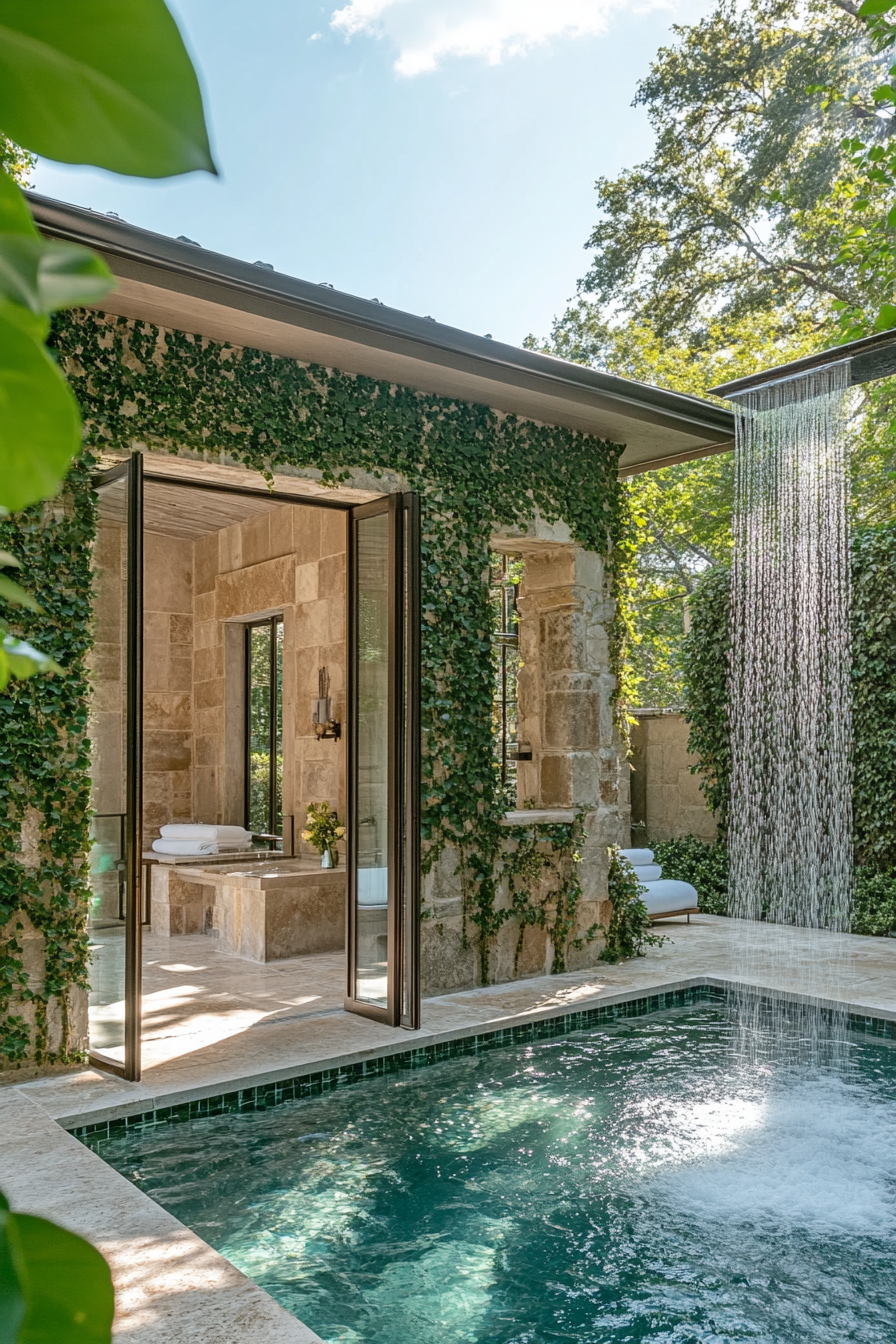 Pool house. Stone exterior, lush greenery, glass shower with white tiles, waterfall pool view.