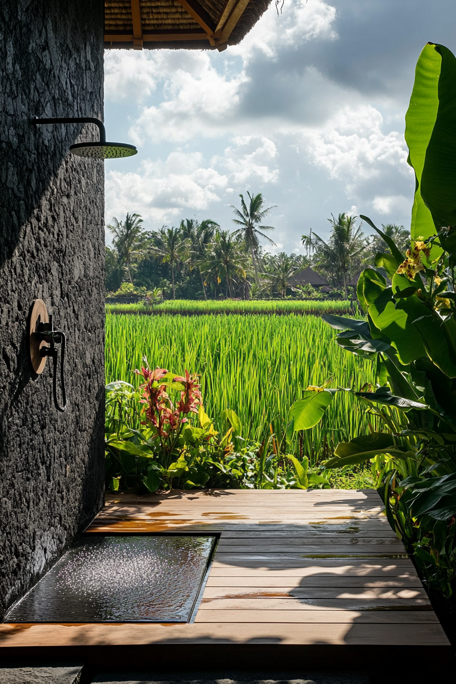 Outdoor shower. Black lava stone walls, teak platform, orchid wall, rice paddy view.