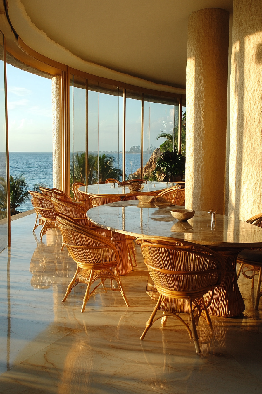 Dining room. Bleached brunette floors, curved rattan chairs, ocean views, floor-ceiling windows.