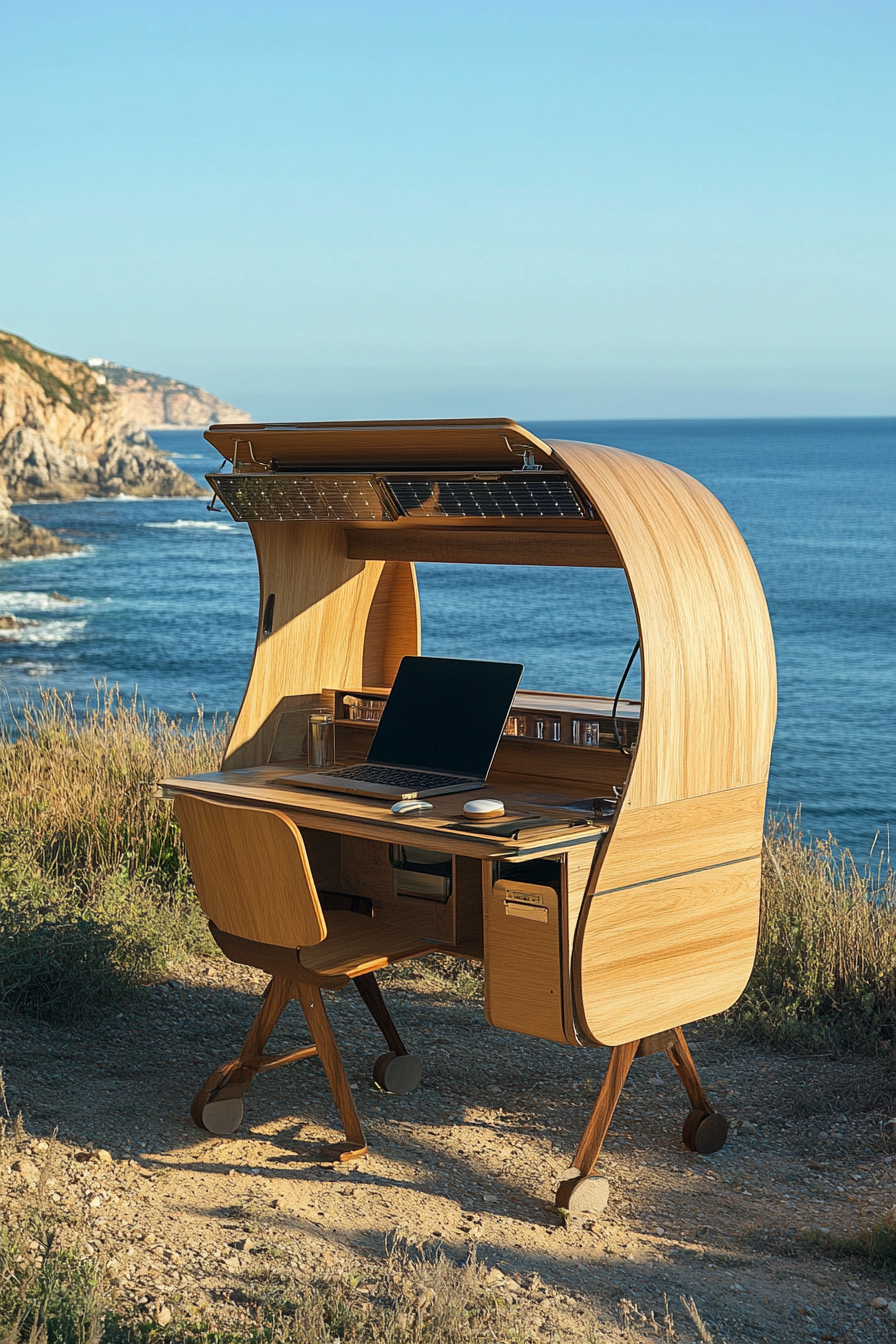 Flexible mobile office. Convertible wooden workstation with solar-powered lighting in front of an ocean panorama.