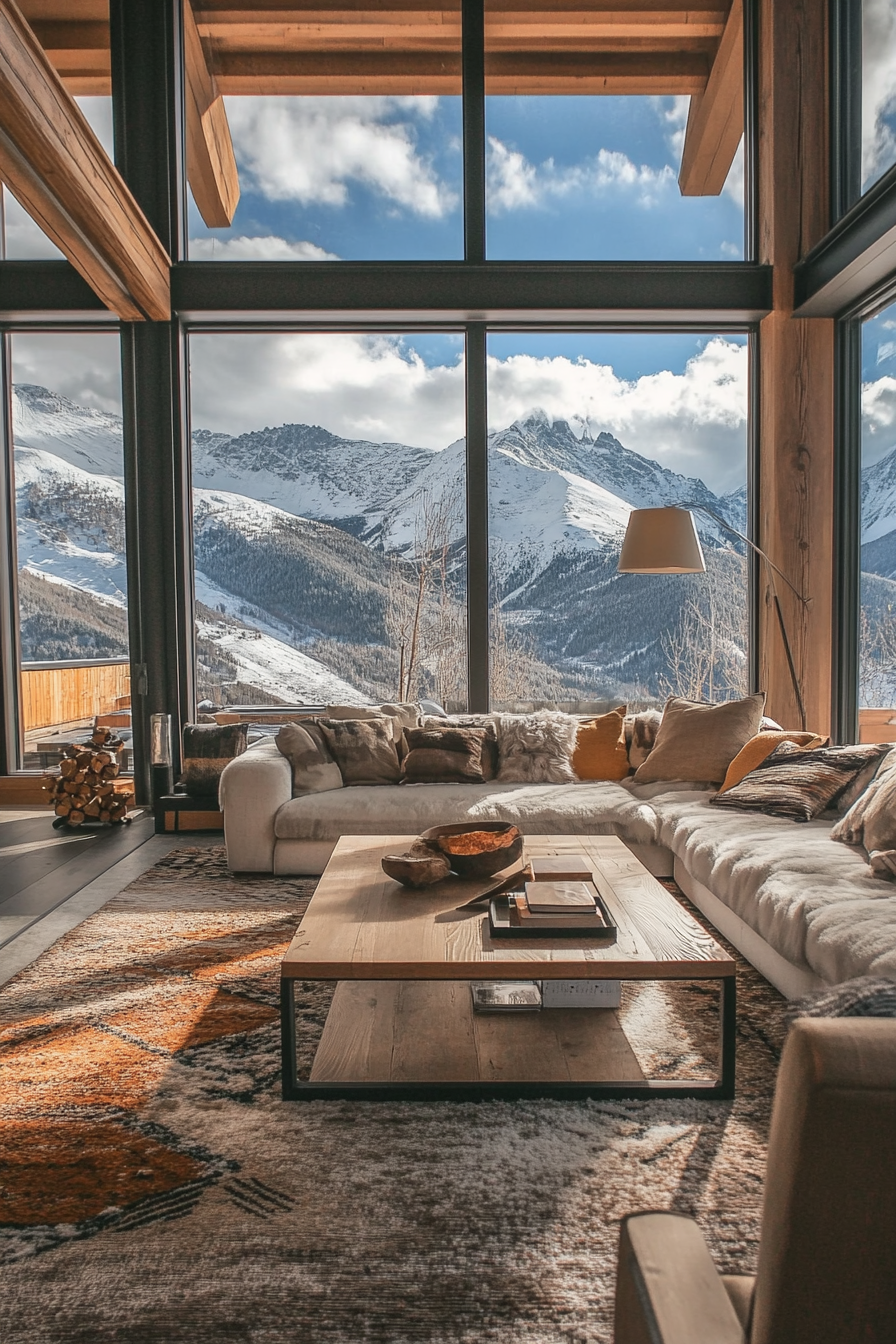 Contemporary alpine living room. Panoramic windows overlooking snow-capped peaks.