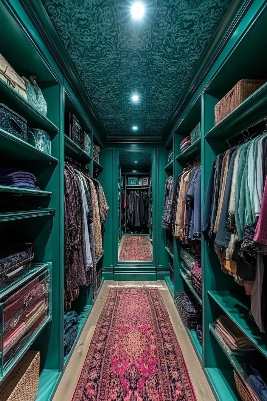 Walk-in closet. Deep emerald floor-to-ceiling shelving, cobalt blue textured wallpaper ceiling, smart mirror.