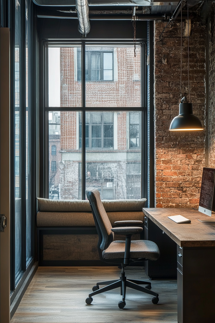 Remote workspace. Modular desktop system under industrial windows with upholstered meeting nook divider.