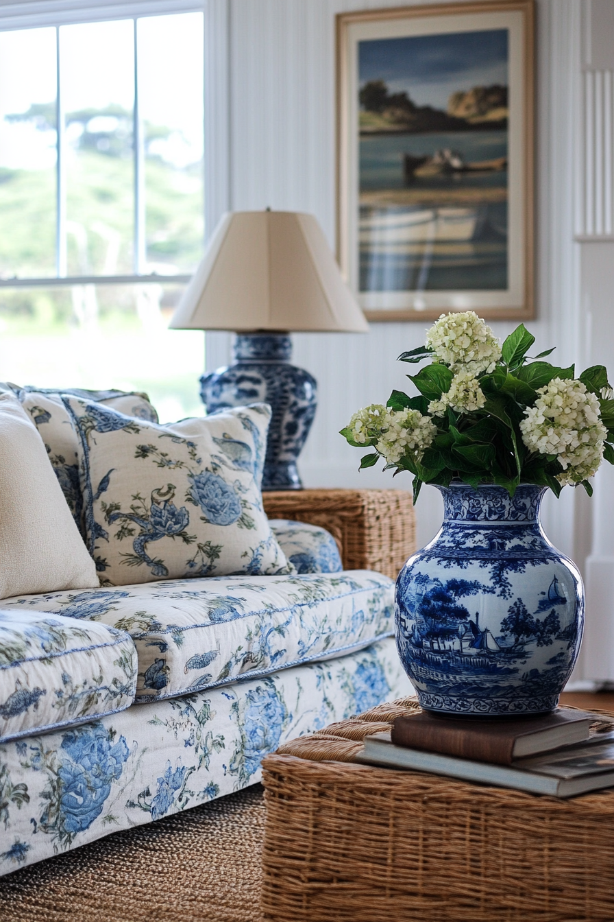 Coastal living space. Blue chinoiserie vase, vintage floral couch, seagrass rug.