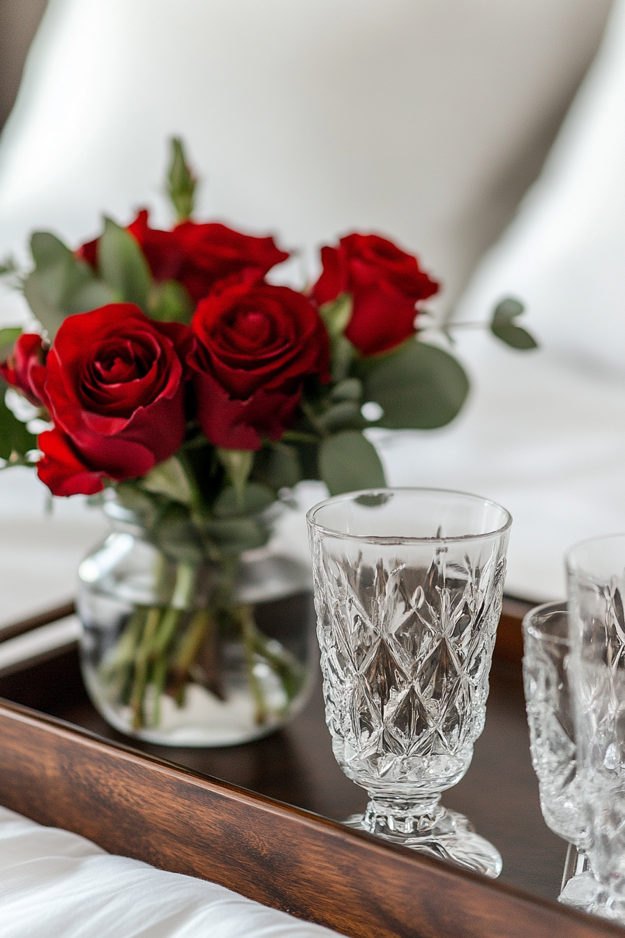 Bedside setup. Mahogany tray featuring crystal servingware and a red rose bouquet.