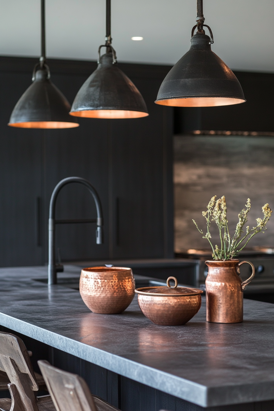 Welcoming kitchen. Soapstone countertops and collected copper vessels under a row of industrial pendants.