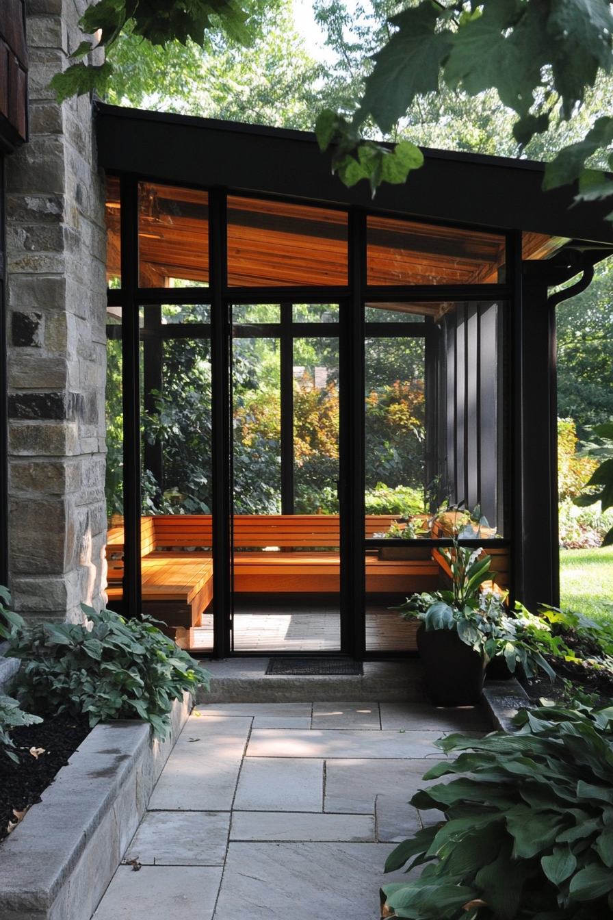 Modern enclosed porch. Black steel framed glass walls with angular, minimalist teak furniture.