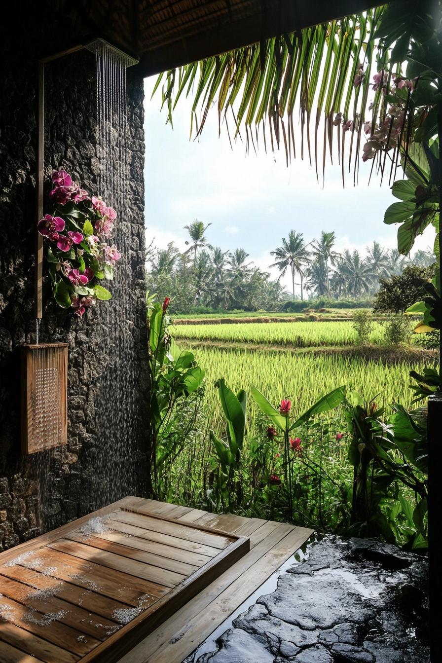 Outdoor shower. Lava stone walls, teak platform, living orchid wall, rice paddy views.