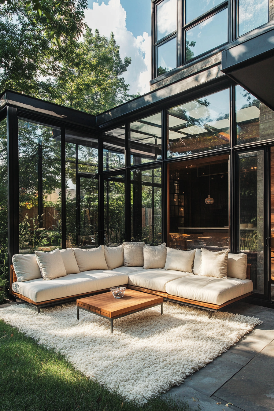 Modern enclosed porch. Glass walls, black metal frame, walnut sectional sofa, white shag rug.