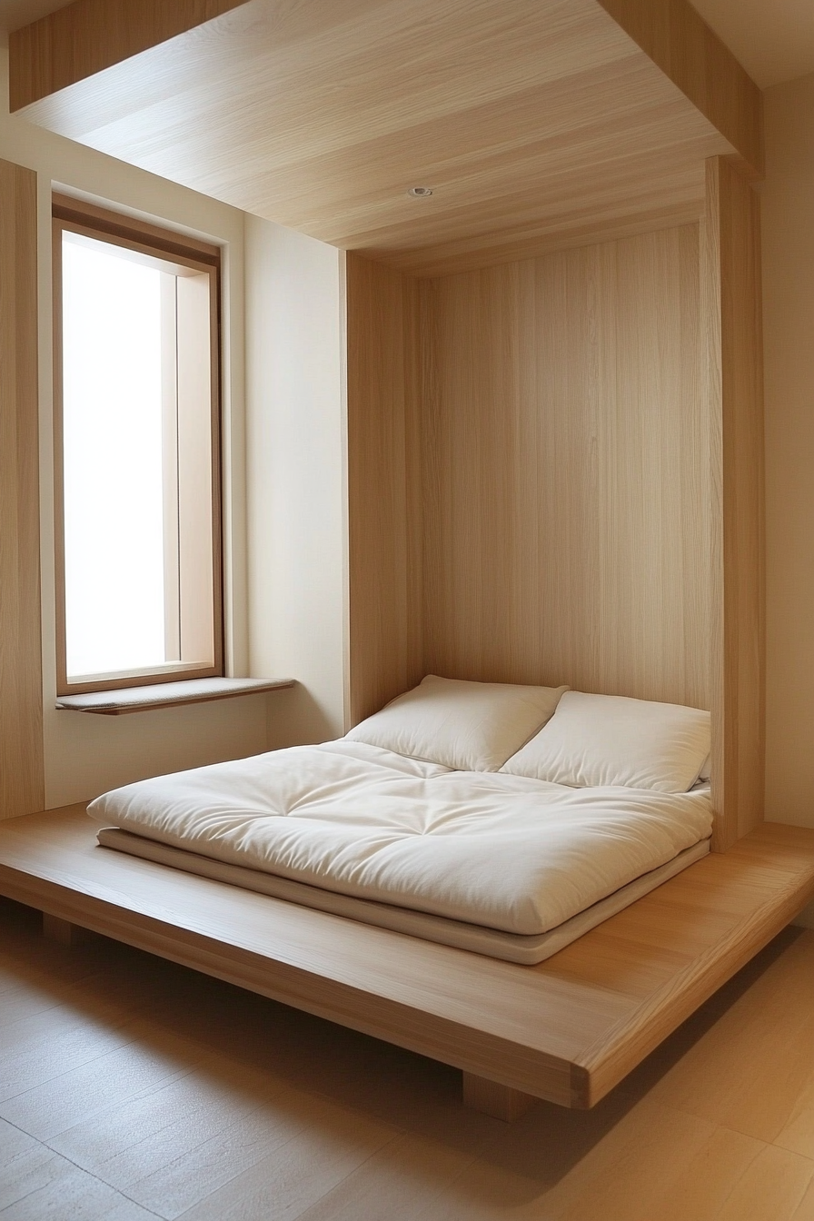 Minimal living space. Wooden murphy bed with integrated study desk, white meditation cushion.