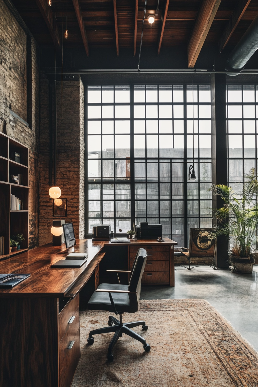 Remote workspace. Modular desk system covered with mahogany under large, steel-framed industrial windows.