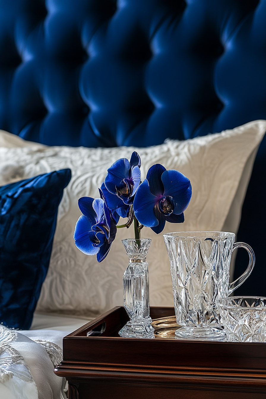 Bedside setup. Rosewood tray, crystal goblet, vintage quartz saucer, royal blue orchid.