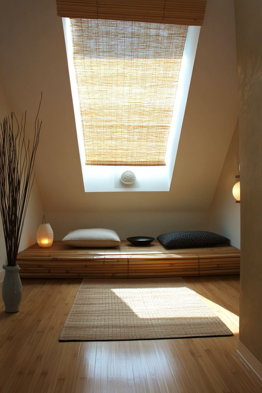 Meditation space. Built-in bamboo bench beneath skylight with diffuser station and floor cushion storage.