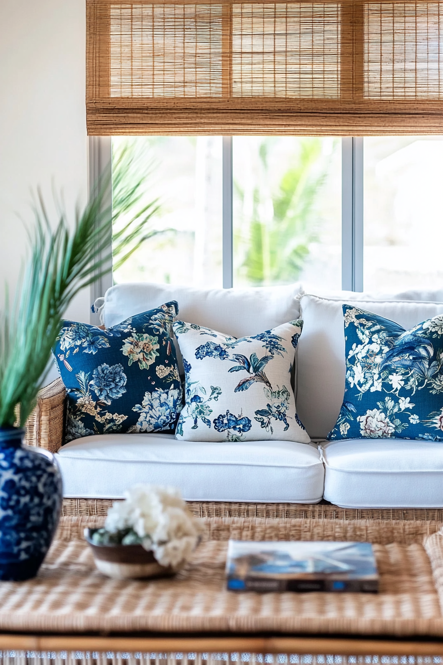 Coastal living space. Vintage floral cushions, blue chinoiserie vase, woven rattan coffee table.