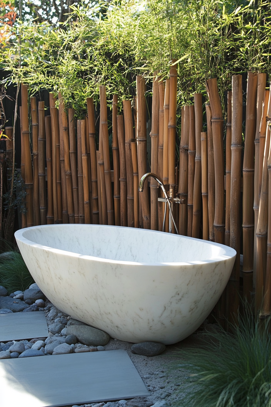 Outdoor bathroom. Teak flooring with onset white marble bathtub and living bamboo privacy wall.