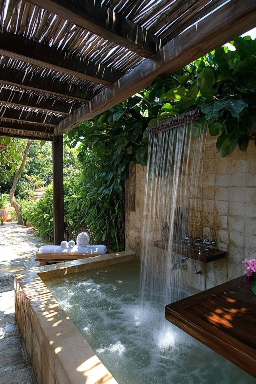 Outdoor luxurious bathroom with a waterfall in a teak wood bathtub and pergola roof.