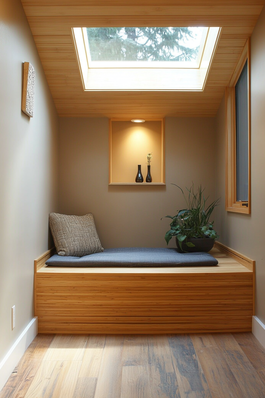 Compact meditation space. Built-in bamboo bench under a skylight, floor storage for cushions, essential oil diffuser station.