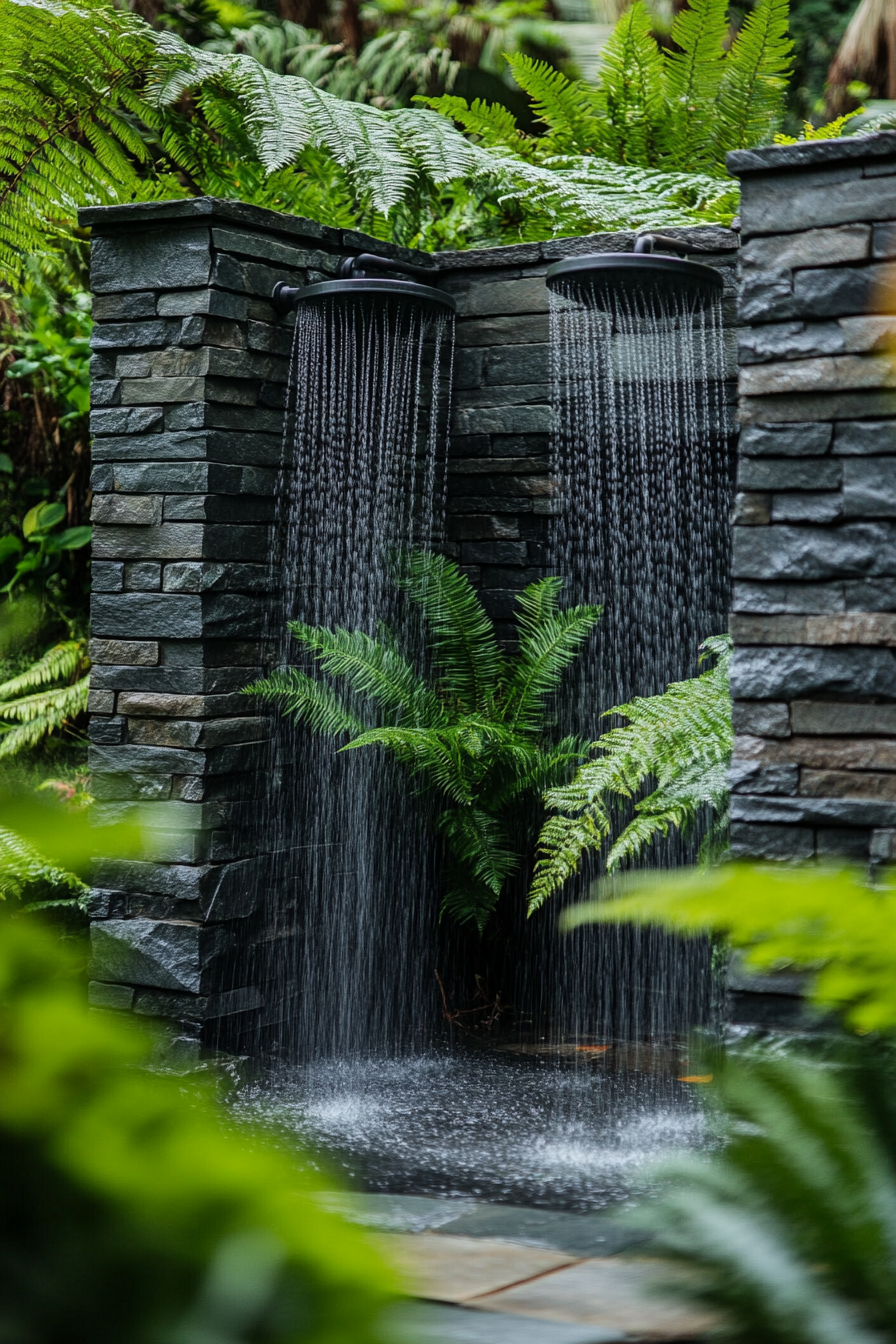 Outdoor shower. Natural rock formation with slate-grey water cascading shower heads amidst lush ferns.